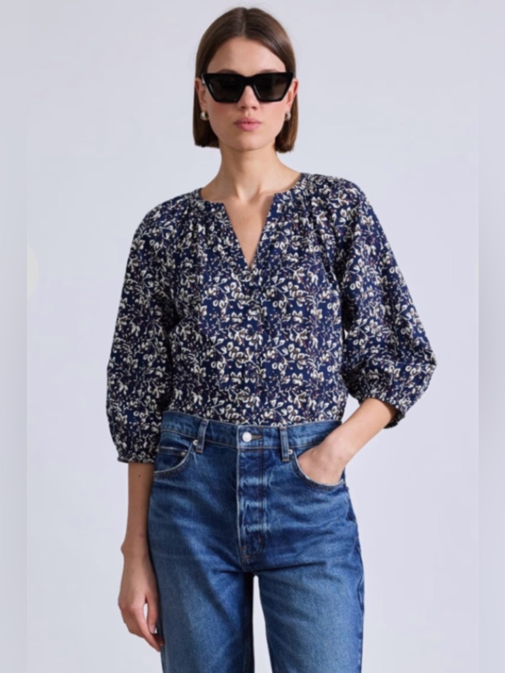 New Apiece Apart Mitte Top Button Front Puff Short Sleeve Mira Navy Floral SZ M